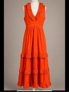 Boden Coral Eyelet Maxi Dress 100% Cotton Tiered Boho Cottagecore Pockets US 8